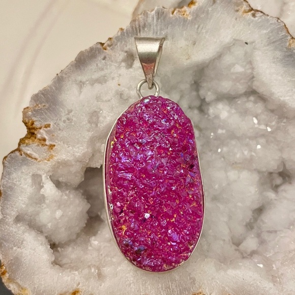 Artisan Jewelry - Pink Druzy Silver Pendant